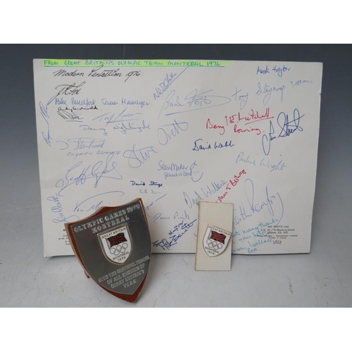 240 - A PAGE OF BRITISH OLYMPIC TEAM MONTREAL 1976 AUTOGRAPHS, together with a small Olympic shield and an... 