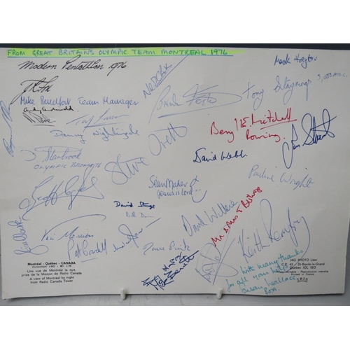 240 - A PAGE OF BRITISH OLYMPIC TEAM MONTREAL 1976 AUTOGRAPHS, together with a small Olympic shield and an... 