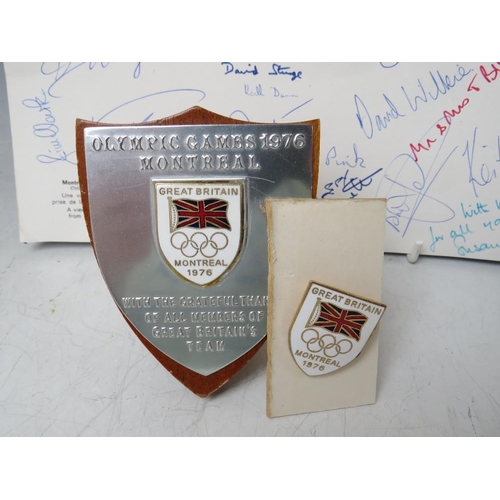 240 - A PAGE OF BRITISH OLYMPIC TEAM MONTREAL 1976 AUTOGRAPHS, together with a small Olympic shield and an... 
