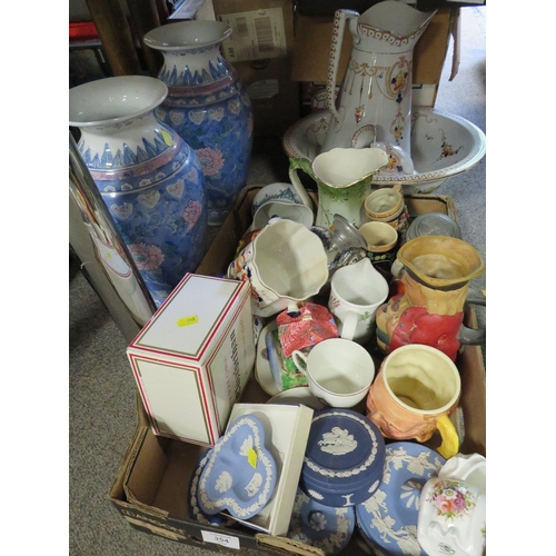 354 - A TRAY OF ASSORTED CERAMICS TO INCLUDE A TRIAL TOBY JUG EXAMPLE, WEDGWOOD BLUE JASPERWARE, VASES ETC