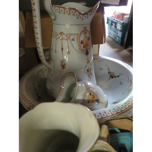 354 - A TRAY OF ASSORTED CERAMICS TO INCLUDE A TRIAL TOBY JUG EXAMPLE, WEDGWOOD BLUE JASPERWARE, VASES ETC