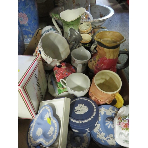354 - A TRAY OF ASSORTED CERAMICS TO INCLUDE A TRIAL TOBY JUG EXAMPLE, WEDGWOOD BLUE JASPERWARE, VASES ETC