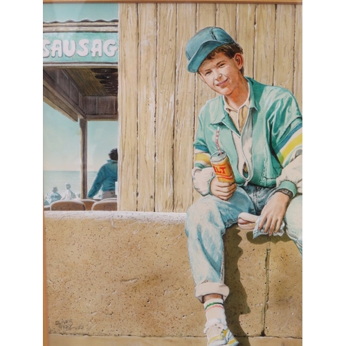 41 - OLIVER FREY (1948-2022). A young boy with a can & hotdog, signed lower left and dated '88, watercolo... 