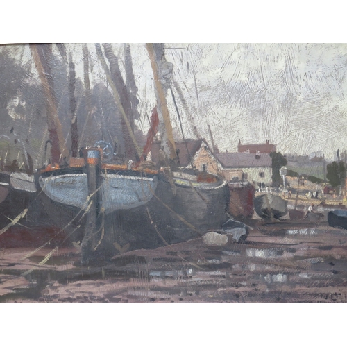 48 - JOHN NEALE (b.1900). Modern British school, 'Barges Moored at Pin Mill Suffolk', see verso, signed l... 