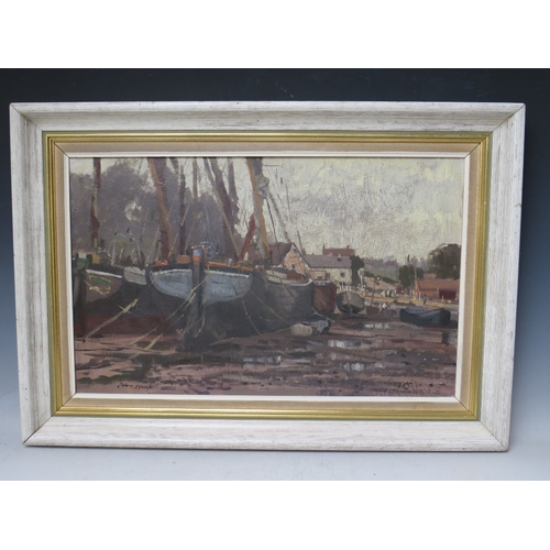 48 - JOHN NEALE (b.1900). Modern British school, 'Barges Moored at Pin Mill Suffolk', see verso, signed l... 