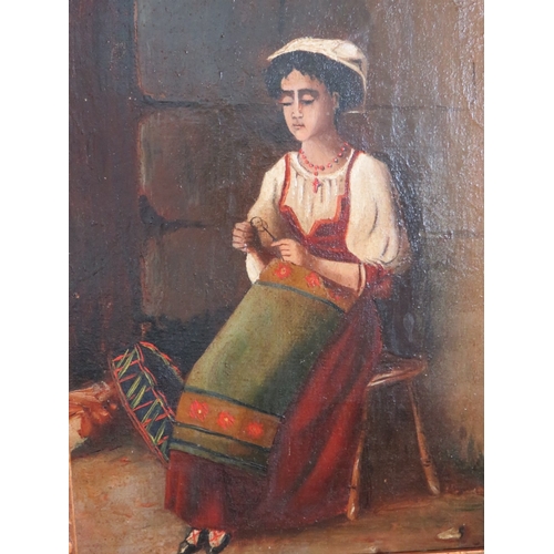 57 - (XIX) Continental school, seated peasant woman before a wall, unsigned, oil on canvas, framed, 20 x ... 