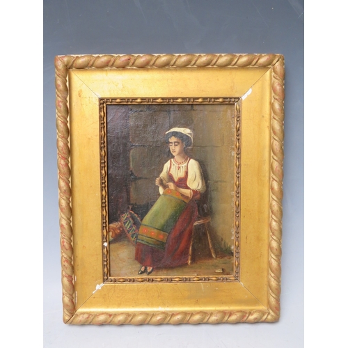 57 - (XIX) Continental school, seated peasant woman before a wall, unsigned, oil on canvas, framed, 20 x ... 