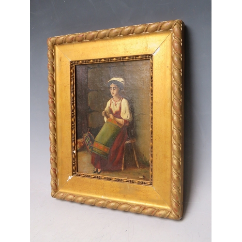 57 - (XIX) Continental school, seated peasant woman before a wall, unsigned, oil on canvas, framed, 20 x ... 