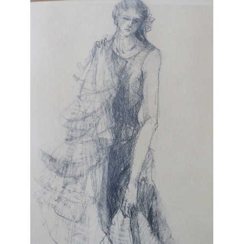 12 - SATOMI (XX). Japanese school, study of a woman in a designer dress, signed lower left, pencil on pap... 