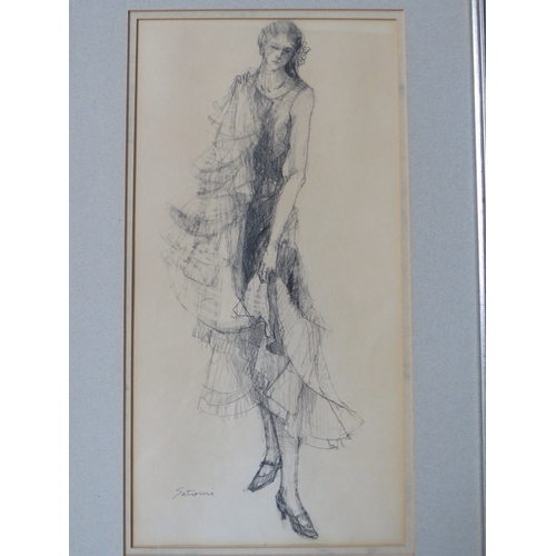 12 - SATOMI (XX). Japanese school, study of a woman in a designer dress, signed lower left, pencil on pap... 