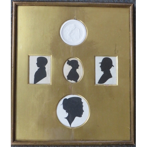 17 - A 19TH CENTURY FRAMED SET OF SILHOUETTES ON PAPER, two rectangular, one circular, one oval and one p... 