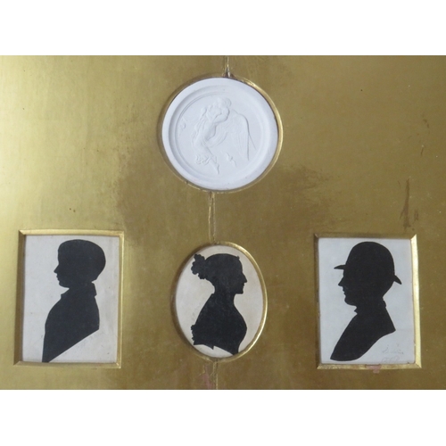 17 - A 19TH CENTURY FRAMED SET OF SILHOUETTES ON PAPER, two rectangular, one circular, one oval and one p... 