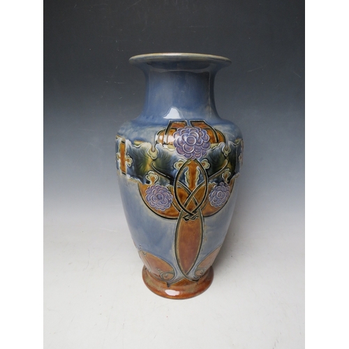 189 - A LARGE DOULTON  LAMBETH BALUSTER VASE, with floral tubelined detail, impressed marks to the base, H... 
