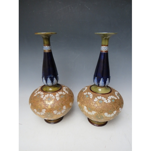190 - A PAIR OF LARGE ROYAL DOULTON LAMBETH VASES, each decorated with tubelined and painted floral detail... 