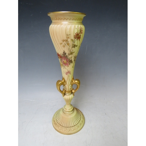 192 - A ROYAL WORCESTER BLUSH IVORY SLENDER VASE, decorated with flowers, H 31 cm