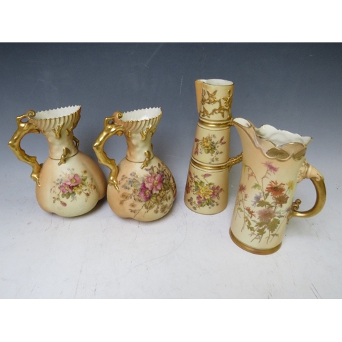 193 - A PAIR OF ROYAL WORCESTER BLUSH IVORY STYLISED JUGS, each decorated with flowers, H 18 cm, together ... 