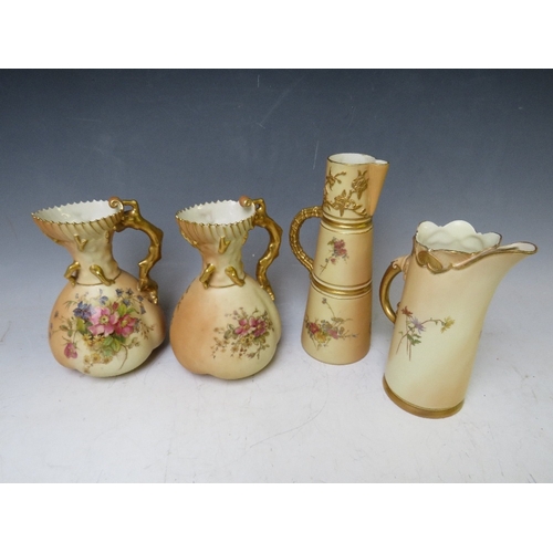 193 - A PAIR OF ROYAL WORCESTER BLUSH IVORY STYLISED JUGS, each decorated with flowers, H 18 cm, together ... 