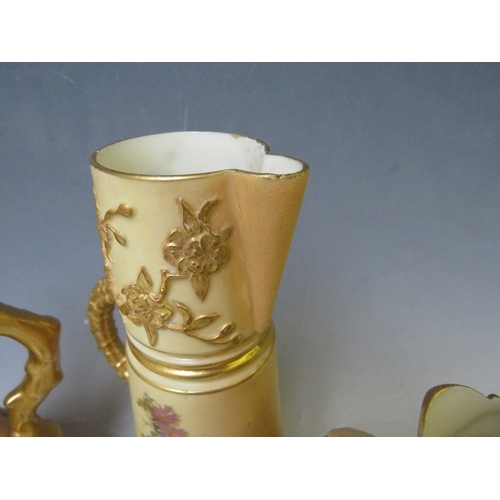193 - A PAIR OF ROYAL WORCESTER BLUSH IVORY STYLISED JUGS, each decorated with flowers, H 18 cm, together ... 