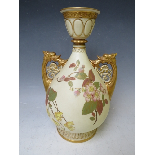 195 - A LARGE ROYAL WORCESTER BLUSH IVORY TWIN HANDLED VASE, decorated with flowers, H 29.5 cm