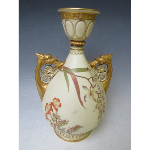 195 - A LARGE ROYAL WORCESTER BLUSH IVORY TWIN HANDLED VASE, decorated with flowers, H 29.5 cm