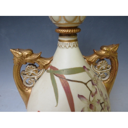 195 - A LARGE ROYAL WORCESTER BLUSH IVORY TWIN HANDLED VASE, decorated with flowers, H 29.5 cm