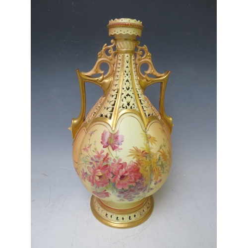 196 - A LARGE ROYAL WORCESTER BLUSH IVORY TWIN HANDLED RETICULATED VASE, decorated with flowers, H 37 cm