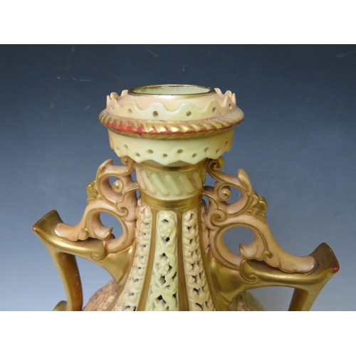 196 - A LARGE ROYAL WORCESTER BLUSH IVORY TWIN HANDLED RETICULATED VASE, decorated with flowers, H 37 cm
