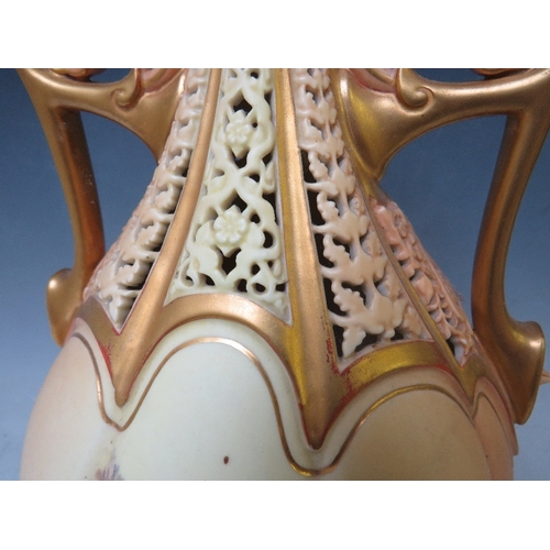 196 - A LARGE ROYAL WORCESTER BLUSH IVORY TWIN HANDLED RETICULATED VASE, decorated with flowers, H 37 cm