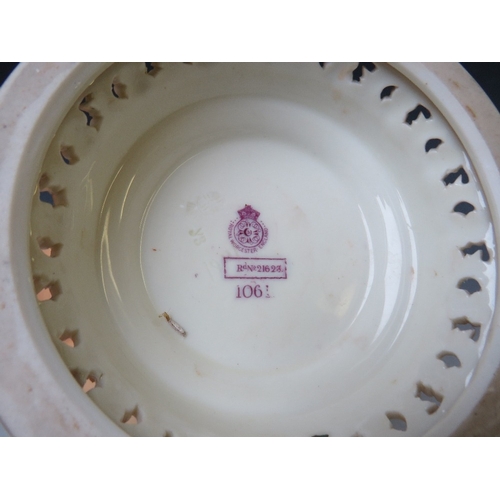 196 - A LARGE ROYAL WORCESTER BLUSH IVORY TWIN HANDLED RETICULATED VASE, decorated with flowers, H 37 cm