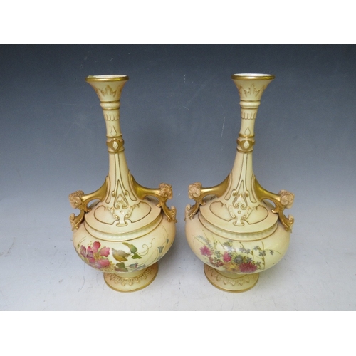 197 - A PAIR OF  ROYAL WORCESTER BLUSH IVORY TWIN HANDLED VASES, decorated with flowers and rams head deta... 