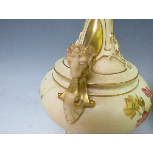 197 - A PAIR OF  ROYAL WORCESTER BLUSH IVORY TWIN HANDLED VASES, decorated with flowers and rams head deta... 