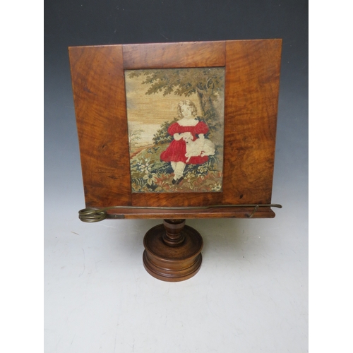 199 - A 19TH CENTURY WALNUT ADJUSTABLE READING STAND, with needlepoint rectangular panel