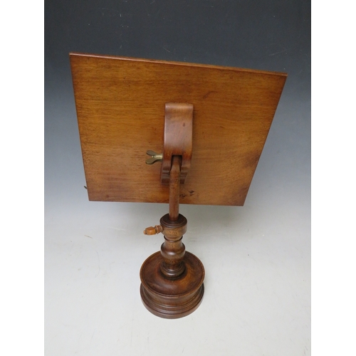 199 - A 19TH CENTURY WALNUT ADJUSTABLE READING STAND, with needlepoint rectangular panel