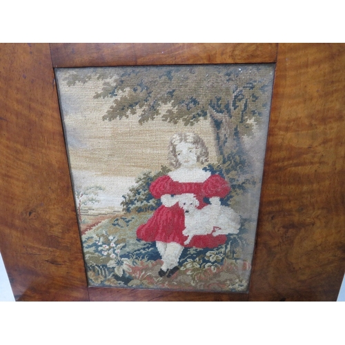 199 - A 19TH CENTURY WALNUT ADJUSTABLE READING STAND, with needlepoint rectangular panel