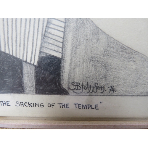 20 - S.B JOHNSON. Modernist study of figures round a card table 'The Sacking of The Temple', signed and d... 