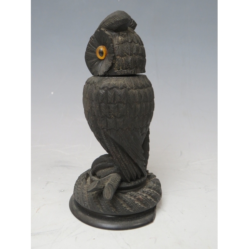 206 - AN IRISH BOG OAK NOVELTY OWL INKWELL, H 15 cm