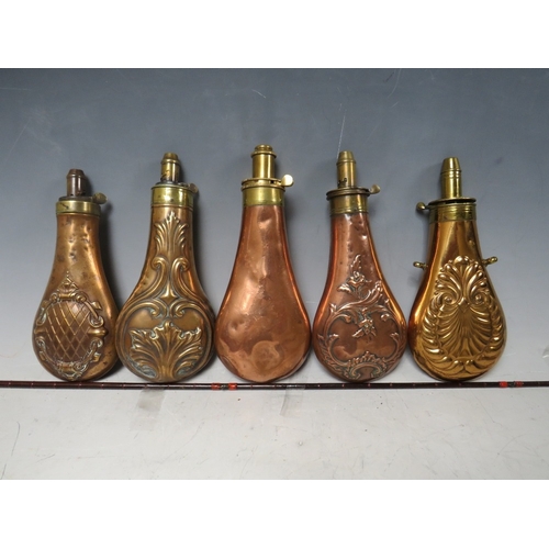 215 - FIVE 19TH CENTURY COPPER AND BRASS SHOT FLASKS, average L 20 cm