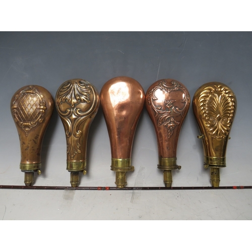 215 - FIVE 19TH CENTURY COPPER AND BRASS SHOT FLASKS, average L 20 cm