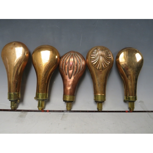 216 - FIVE 19TH CENTURY COPPER AND BRASS SHOT FLASKS, average L 19 cm