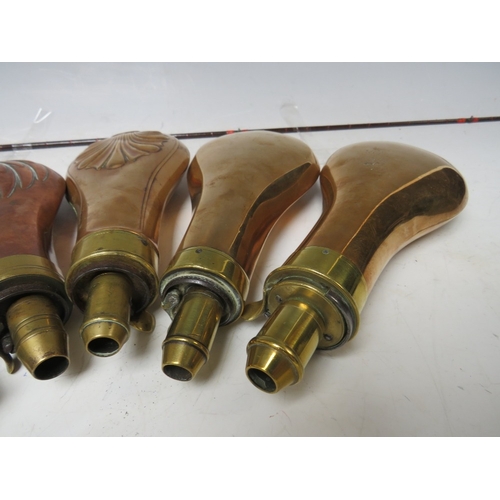 216 - FIVE 19TH CENTURY COPPER AND BRASS SHOT FLASKS, average L 19 cm
