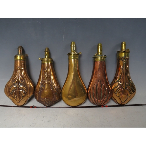 217 - FIVE 19TH CENTURY COPPER AND BRASS SHOT FLASKS, average L 19 cm