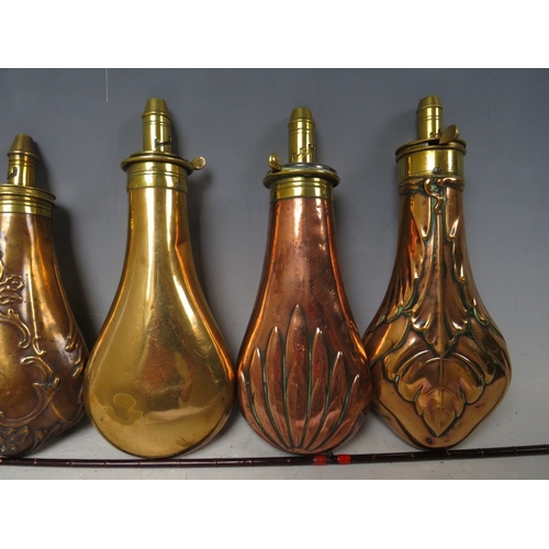 217 - FIVE 19TH CENTURY COPPER AND BRASS SHOT FLASKS, average L 19 cm