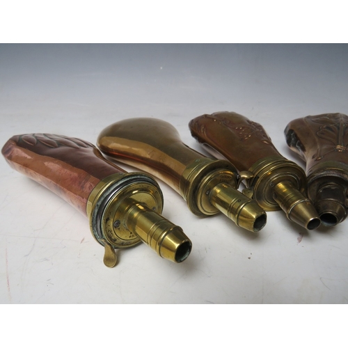 217 - FIVE 19TH CENTURY COPPER AND BRASS SHOT FLASKS, average L 19 cm