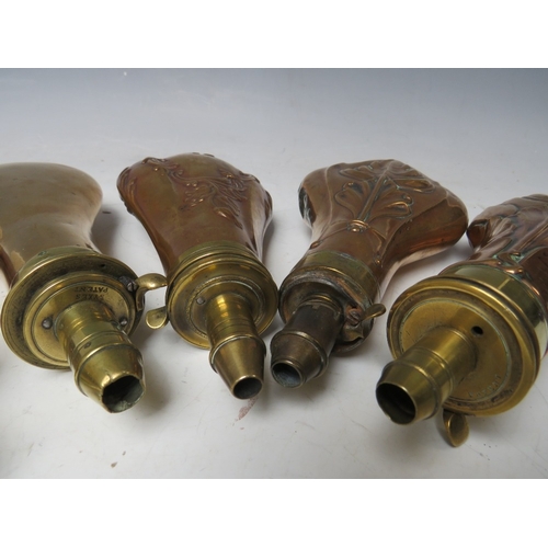 217 - FIVE 19TH CENTURY COPPER AND BRASS SHOT FLASKS, average L 19 cm