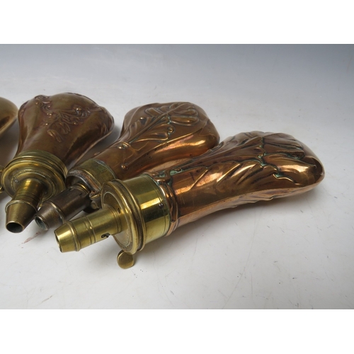 217 - FIVE 19TH CENTURY COPPER AND BRASS SHOT FLASKS, average L 19 cm