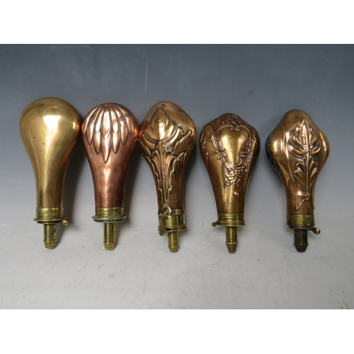 217 - FIVE 19TH CENTURY COPPER AND BRASS SHOT FLASKS, average L 19 cm