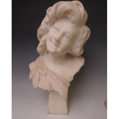 229 - A 19TH CENTURY ALABASTER BUST OF A LADY, raised on a tapered four sided base, overall H 49 cm