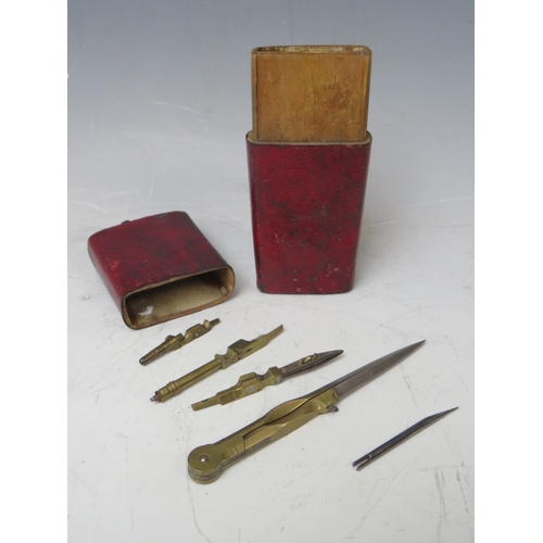237 - A 19TH CENTURY DRAUGHTSMAN'S LEATHER COVERED DRAWING CASE WITH IMPLEMENTS