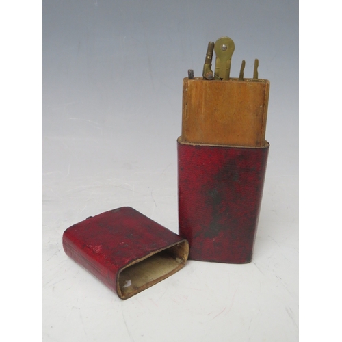 237 - A 19TH CENTURY DRAUGHTSMAN'S LEATHER COVERED DRAWING CASE WITH IMPLEMENTS