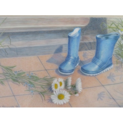 44 - JANET SHEATH (XX). Three miniature watercolours on ivorine 'Joshuas New Boots', 'A Quiet Read', and ... 